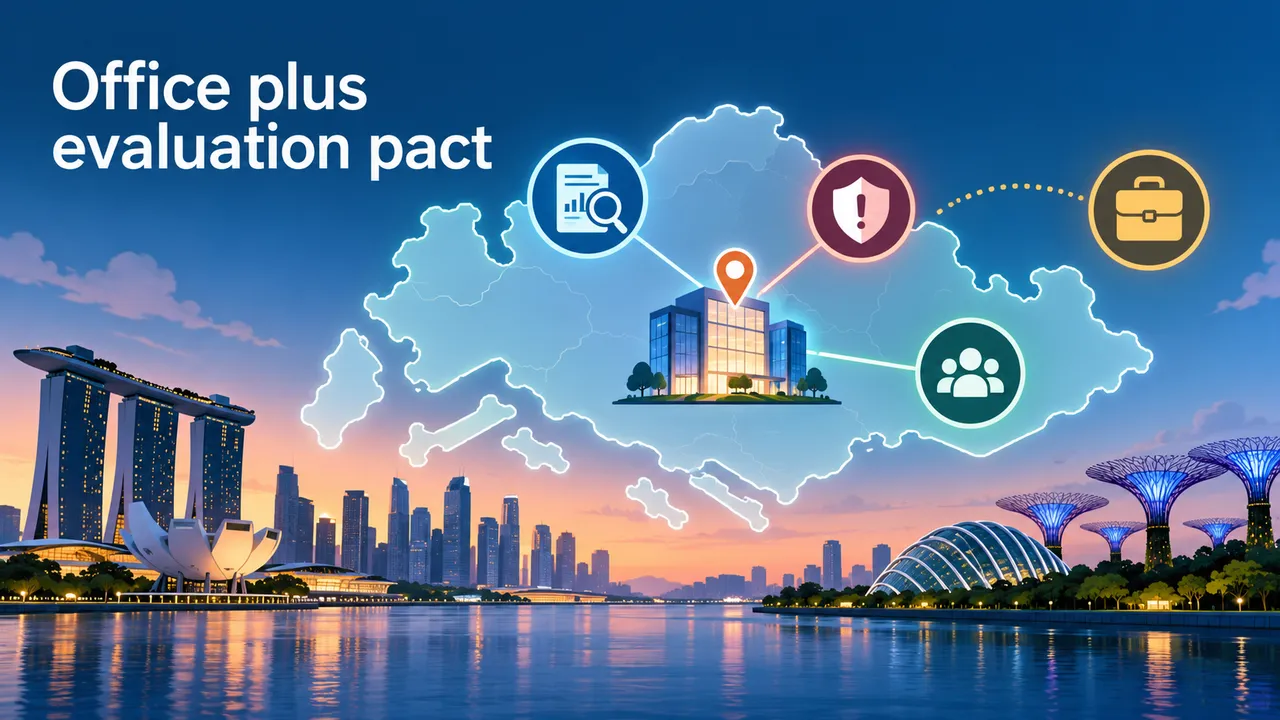 Conceptual map of Singapore with an office marker connected to public-sector model evaluation, incident response, and business adoption icons.