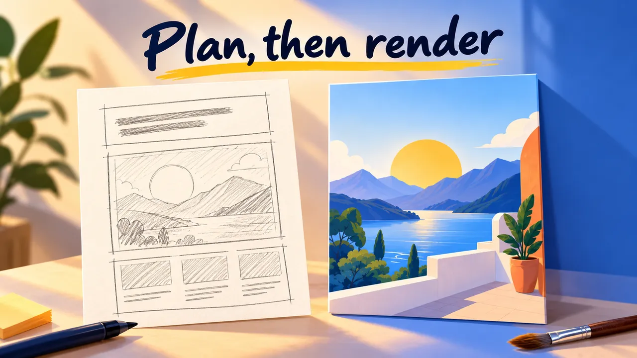 A penciled composition plan sits left of a flat mountain-and-lake poster on a desk, with a pencil below; the artwork reads Plan, then render.