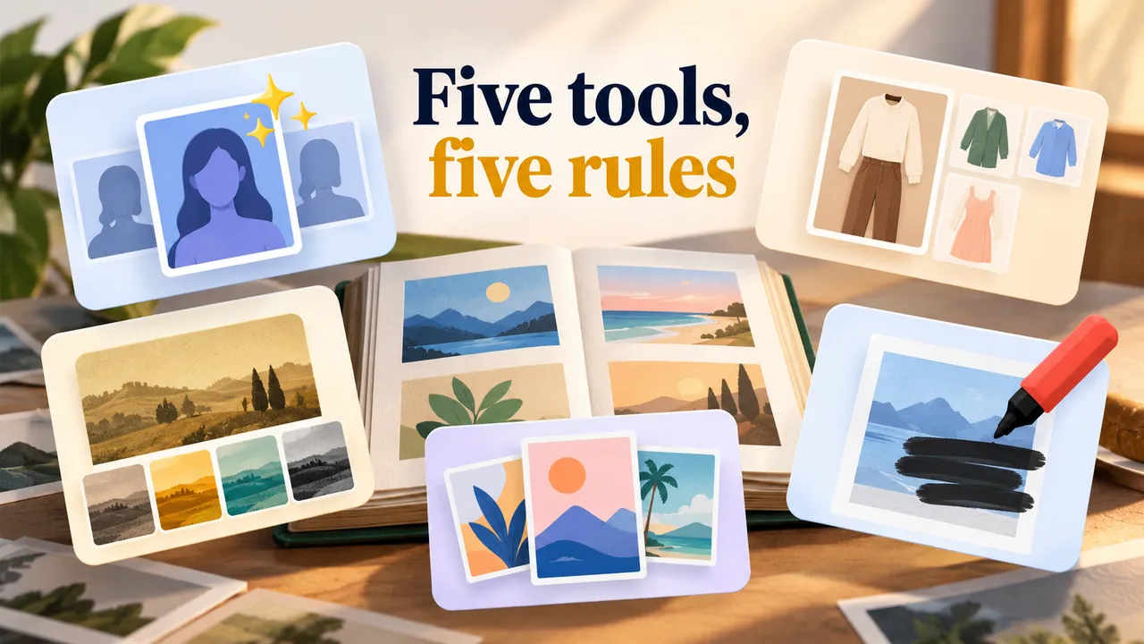 An open album of generic landscape photos sits among five tool cards; a separate card shows portrait selection, with Wardrobe, Moods, Remix, and Markup cards nearby.
