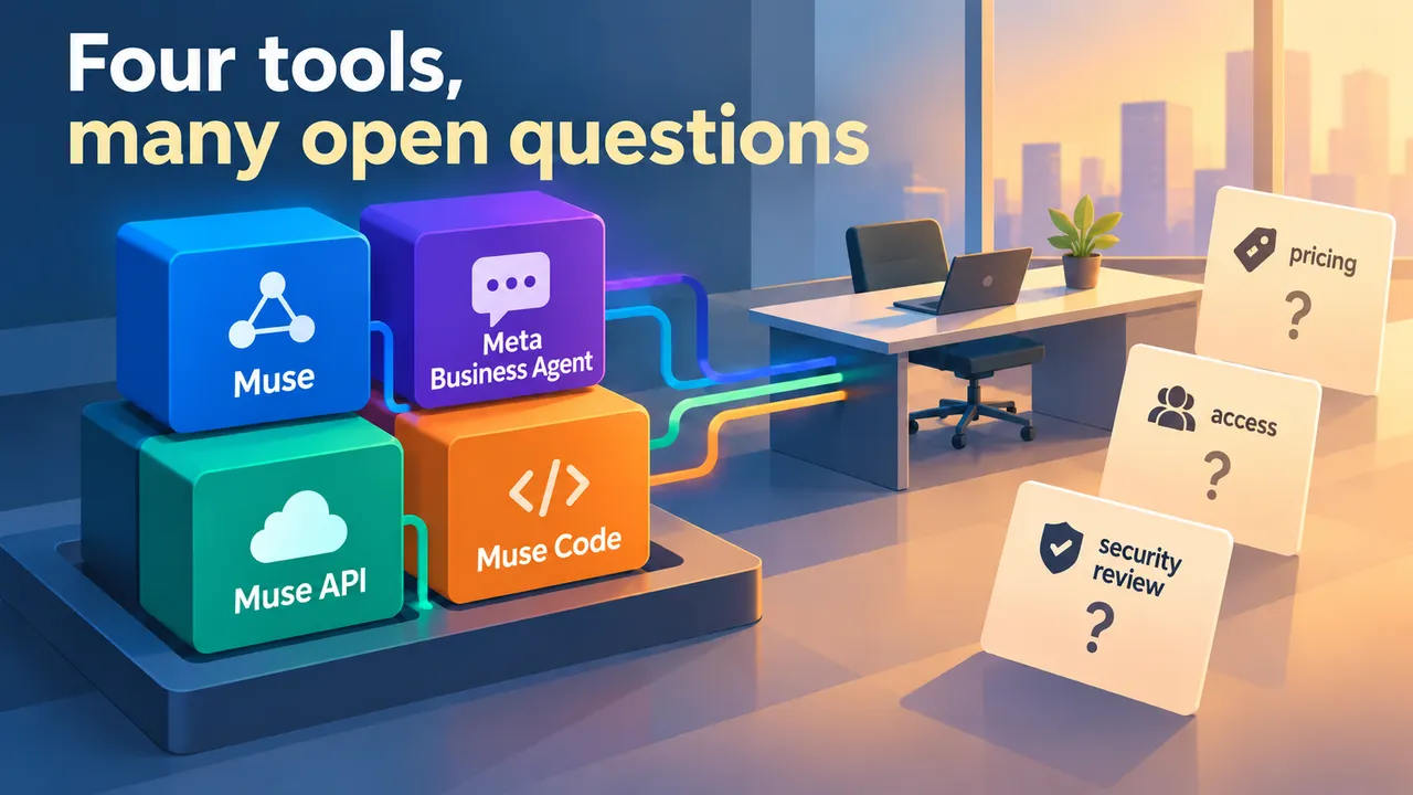Four conceptual blocks labeled Muse, Meta Business Agent, Muse API and Muse Code connect to a generic business workspace; separate pricing, access and security-review question cards indicate details to confirm.