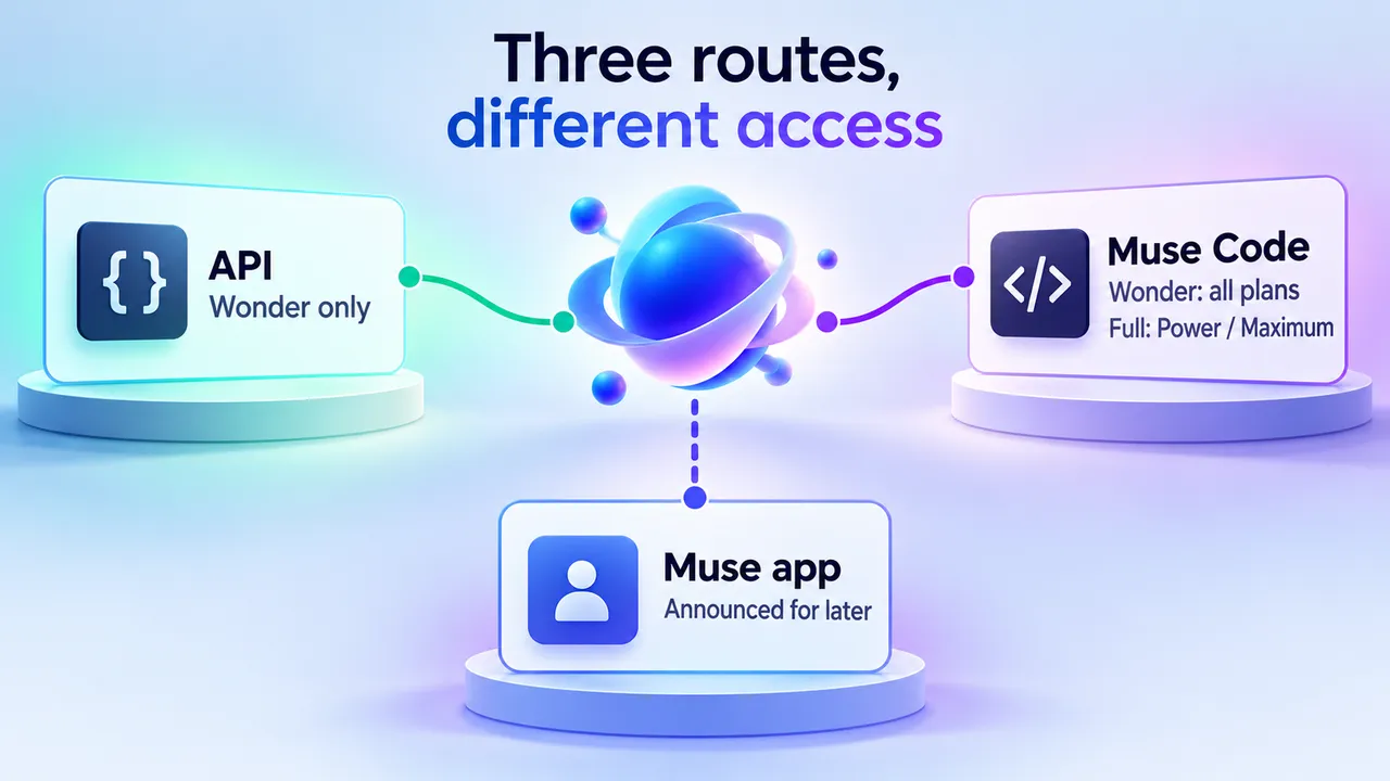 An abstract model connects to three labeled cards: API with Wonder only; Muse Code with Wonder for all plans and Full for Power or Maximum; and a dashed Muse app route labeled Announced for later.