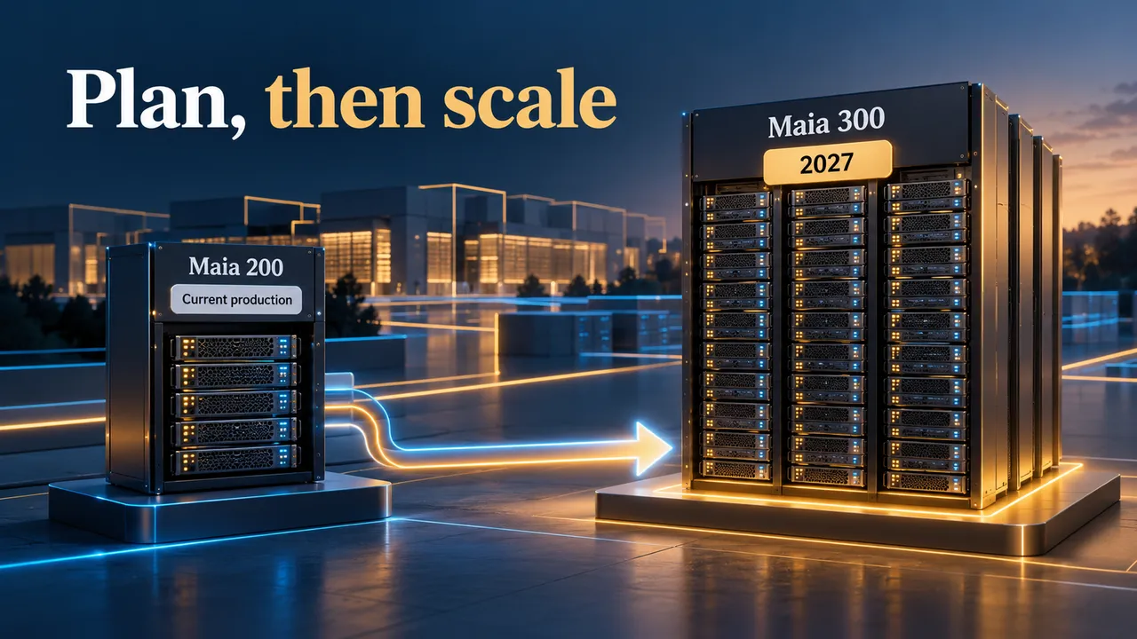 A planned accelerator rack is shown beside a 2027 calendar marker, while a smaller Maia 200 rack is labeled as already in production.