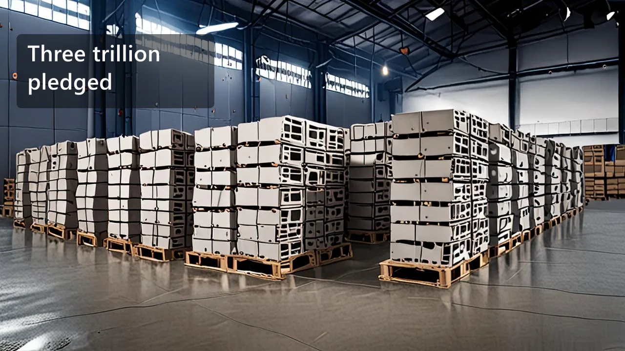 A stack of plain grey server units on a pallet beside a folded tarp, lit by cool warehouse light, with a clean overlay reading Three trillion pledged.