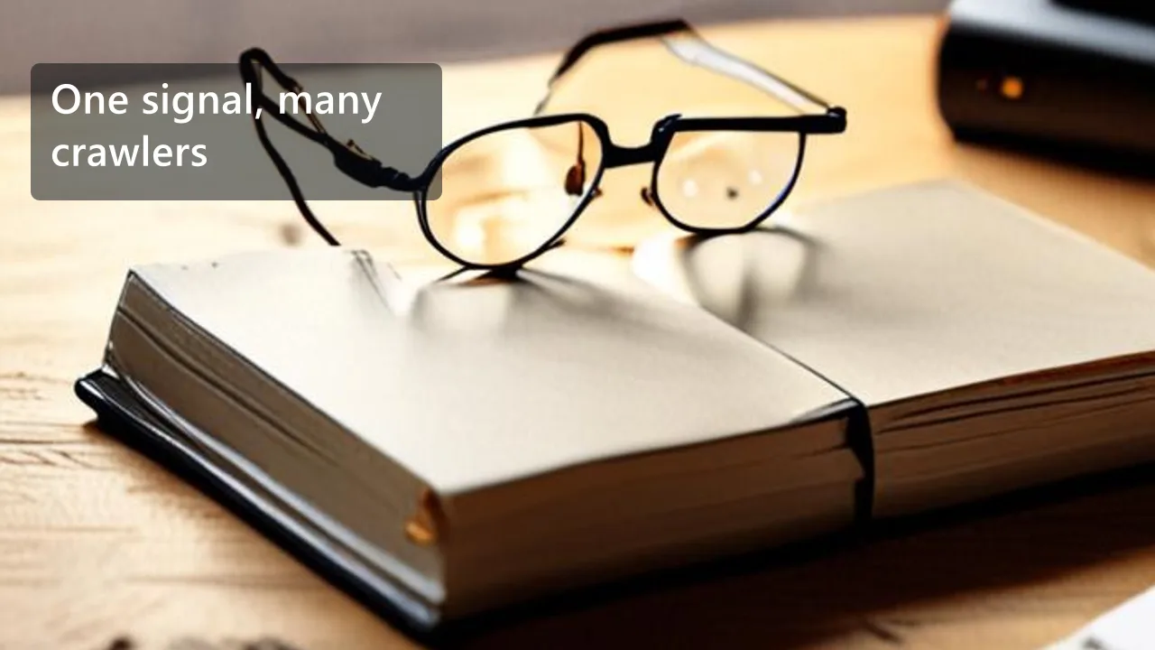 A pair of reading glasses resting on an open blank notebook on a wooden desk, a closed notebook behind it, with a clean overlay reading One signal, many crawlers.