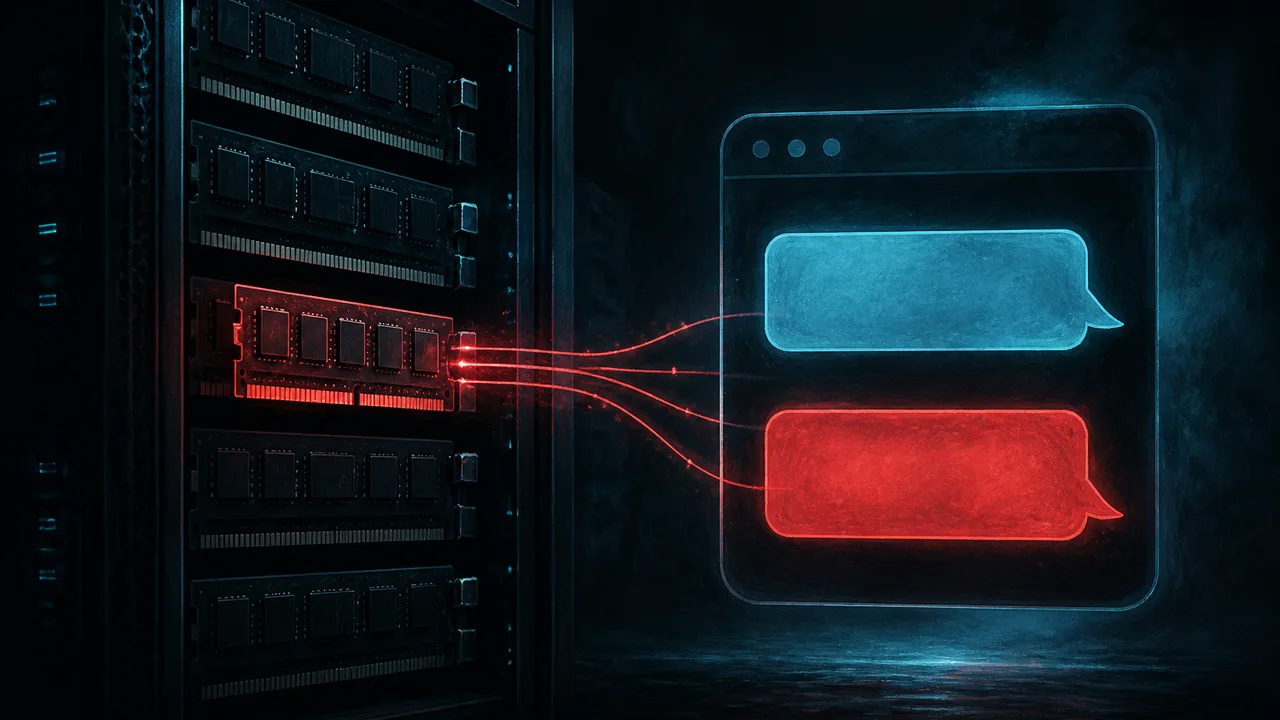 Conceptual illustration of a server rack with one memory module glowing red, feeding abstract answer bubbles into a chat window silhouette.