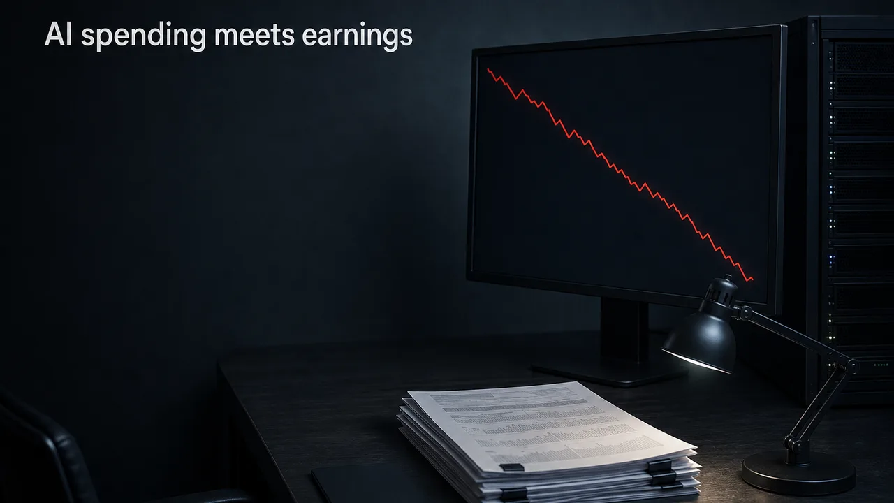 A dark trading desk screen shows a steep red line beside a small server rack and a stack of printed earnings pages.