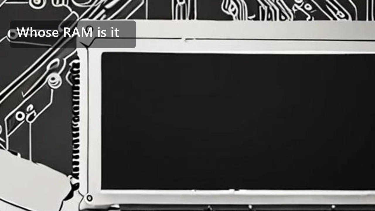 A bare memory module with a blank face standing on a dark circuit board, lit from the left, with a clean overlay reading Whose RAM is it.