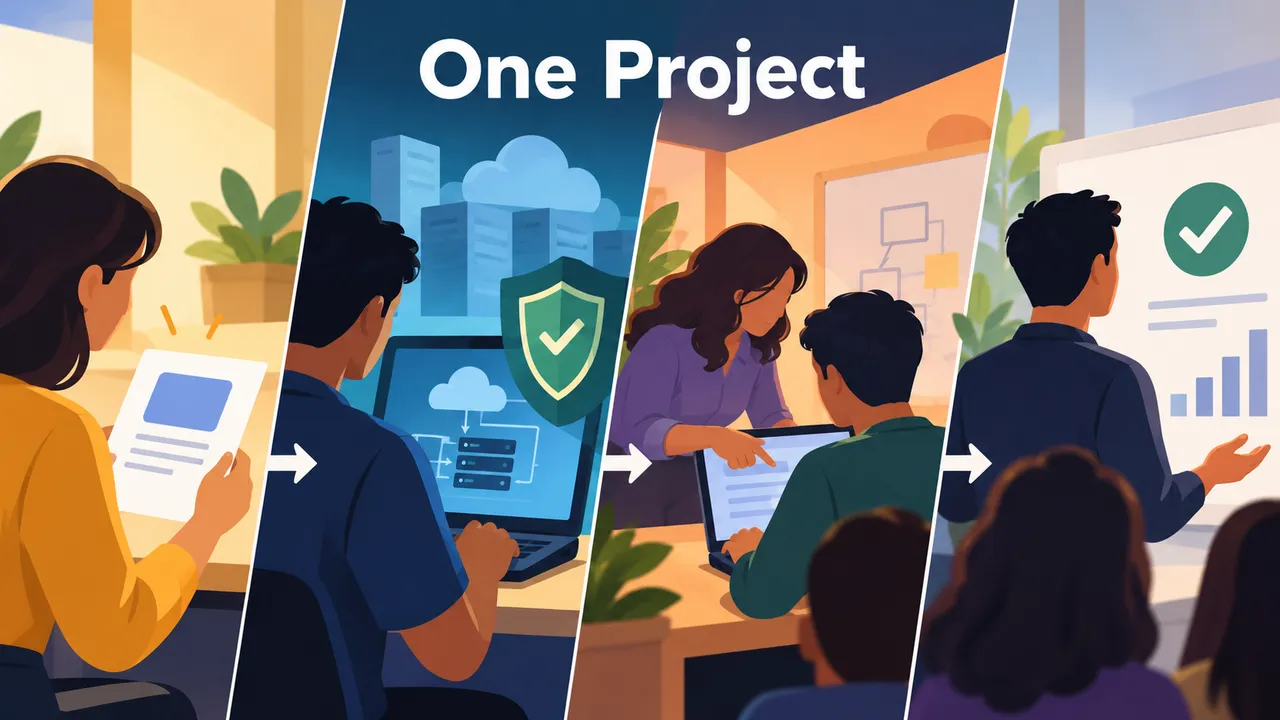 Conceptual learning sequence from a simulated enterprise deployment through a security review to a real workplace project with a mentor.