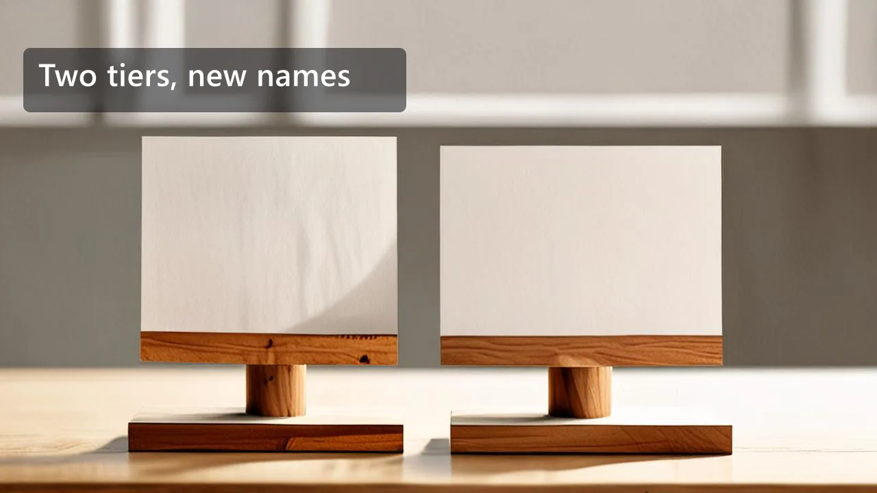 Two blank white price cards standing on wooden stands on a pale table under soft daylight, with a clean overlay reading Two tiers, new names.