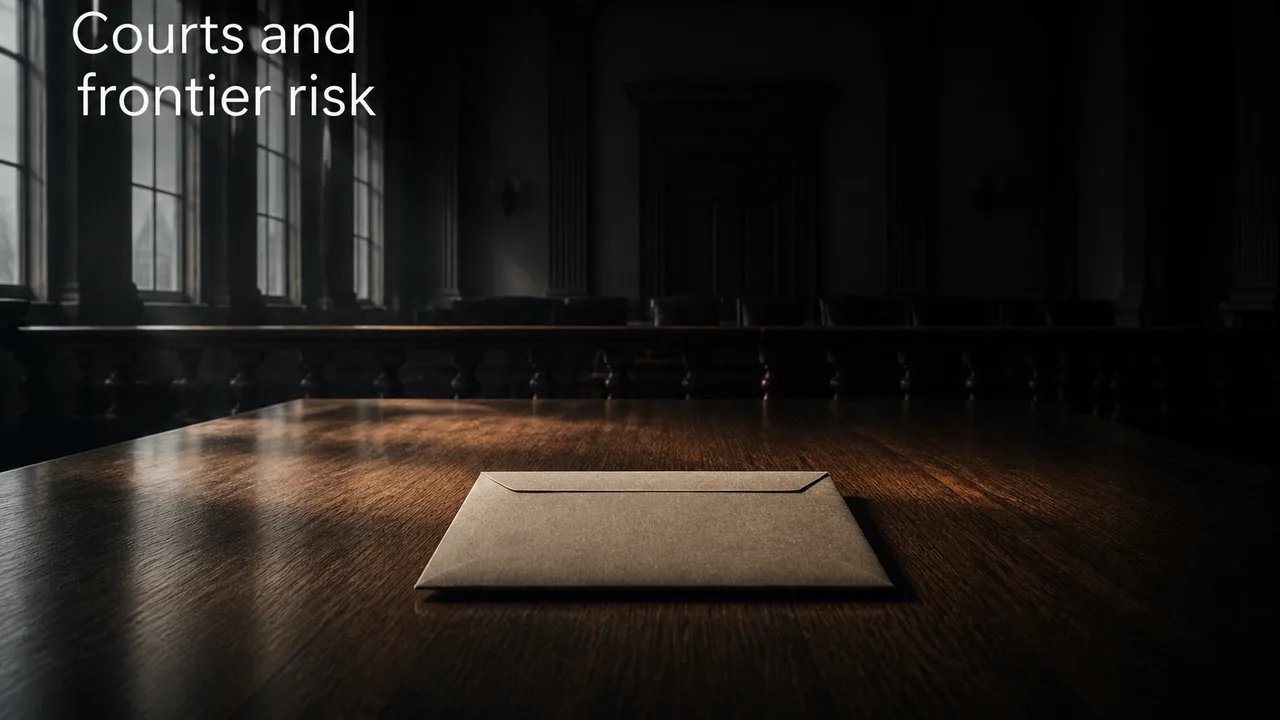 A dark committee room with a sealed plain envelope on a bare wooden table, a low railing in soft focus behind it and cold window light from the left.