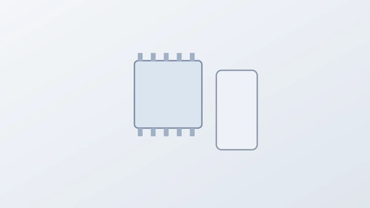Concept illustration of a processor chip beside a plain device outline on a pale grey background, with no people, no logos and no readable text.