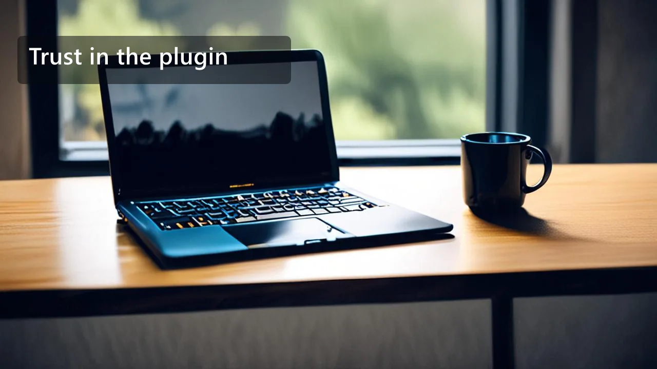 An open laptop on a wooden desk beside a black mug, with daylight from a window behind it and a clean overlay reading Trust in the plugin.