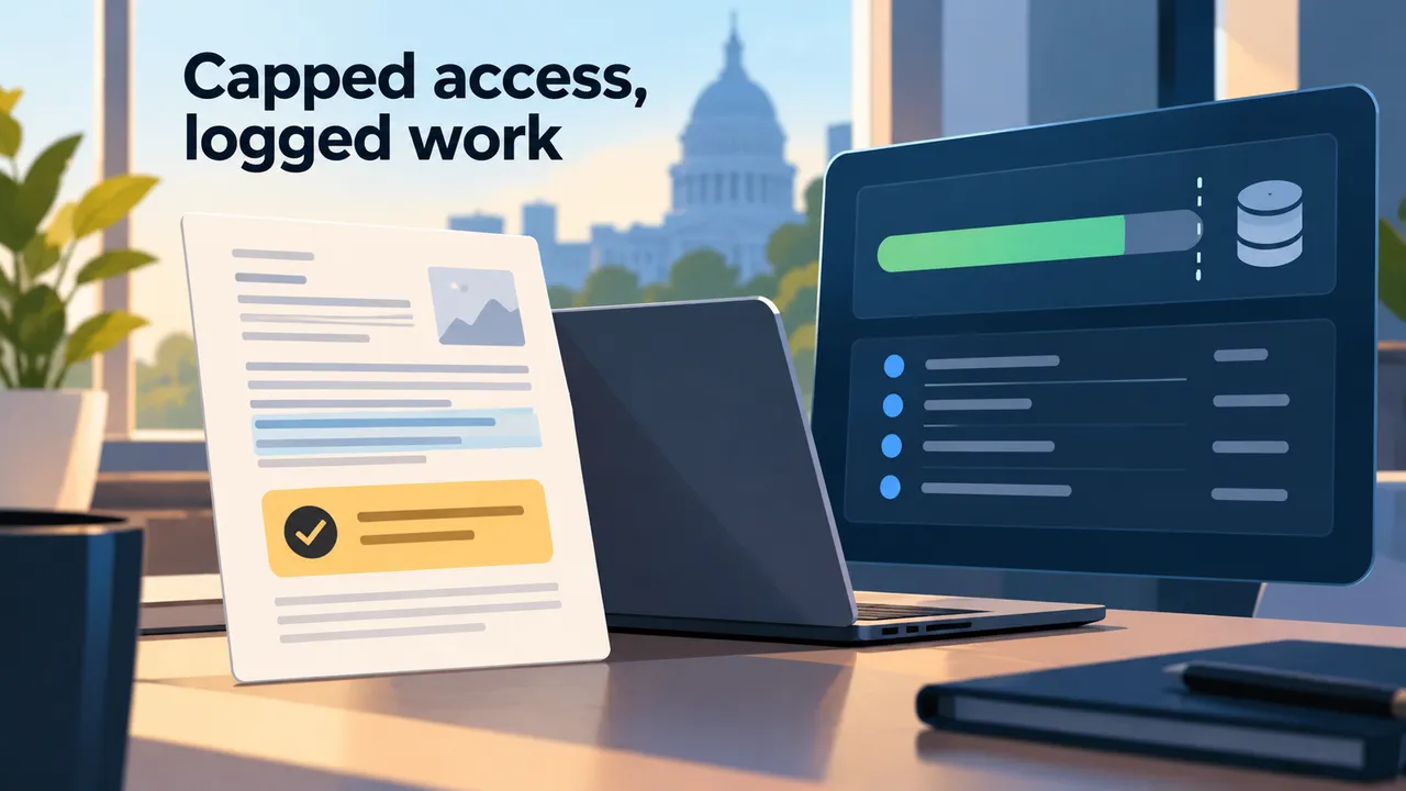 Conceptual government workspace with an AI document review, an administrator setting a spending cap, and an audit log beside a protected device.