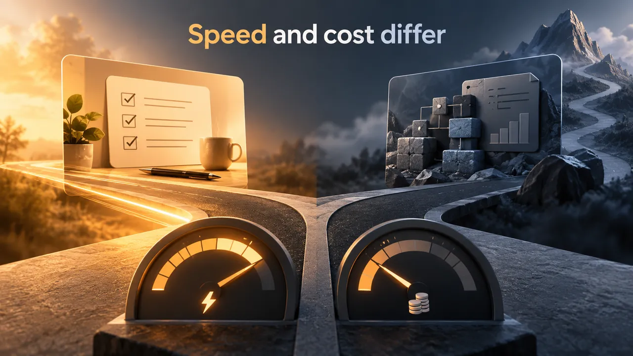 Conceptual comparison of a focused everyday task card beside a larger complex project card, with speed and cost shown as separate gauges.
