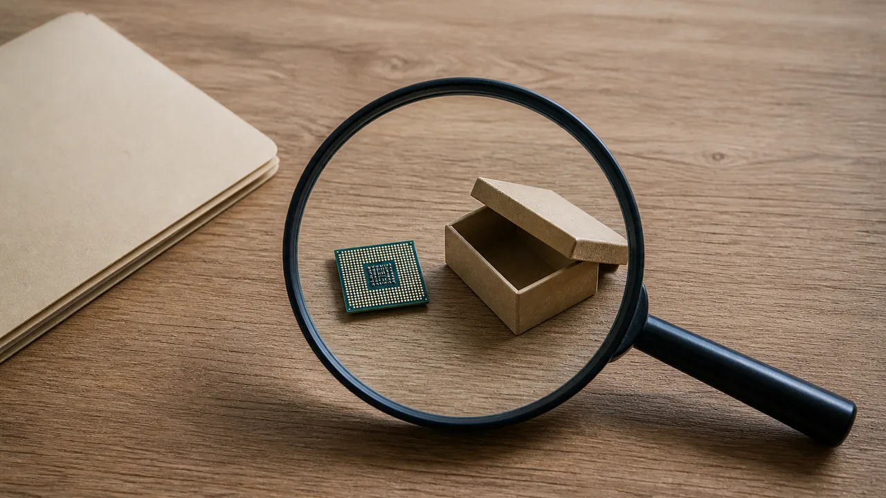 A silicon chip and an open-source software crate sit on a plain desk under a magnifying glass, with a closed folder of review notes beside them.