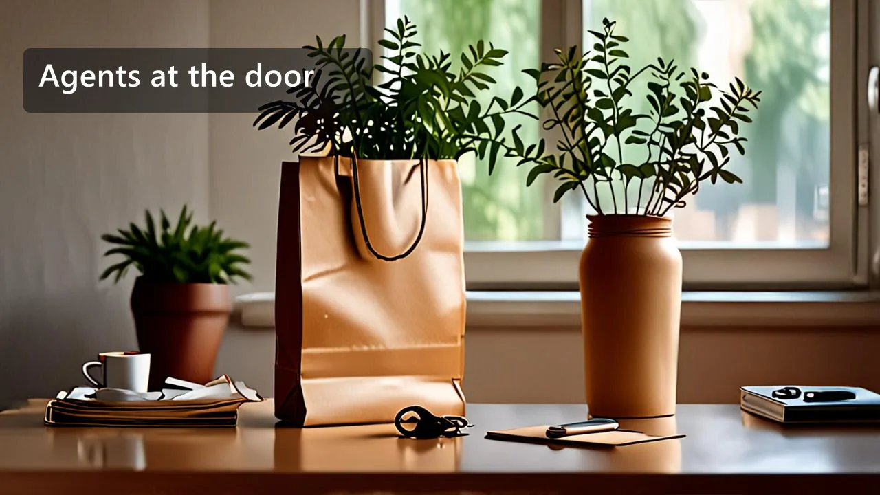 A paper takeaway bag on a kitchen counter beside a phone lying face down, warm evening light, with a clean overlay reading Agents at the door.