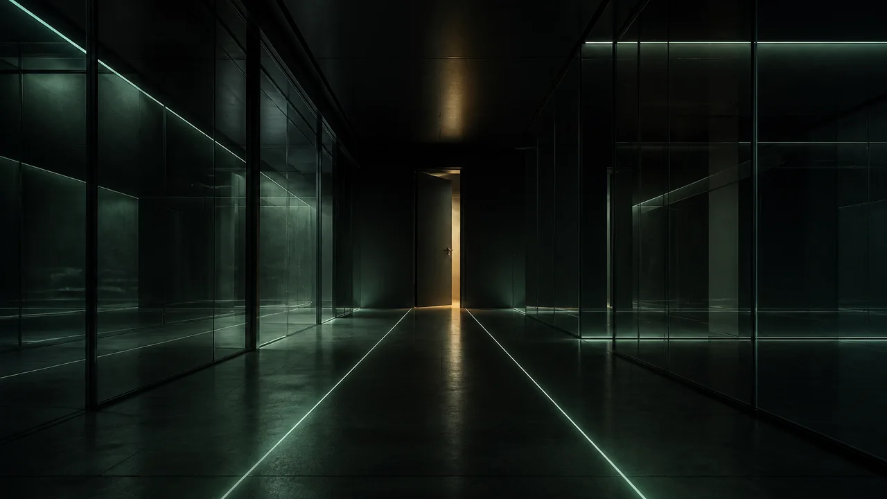 Conceptual illustration of a dark room of branching glass corridors lit from one side, with thin green lines running along the floor toward a single open door.