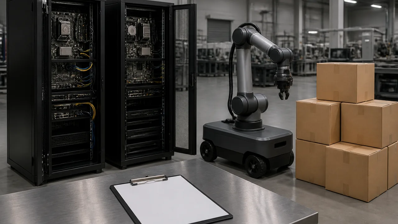 A clean factory floor with two black server racks, a wheeled robot arm beside a stack of cardboard shipping boxes, and a clipboard on a steel table.