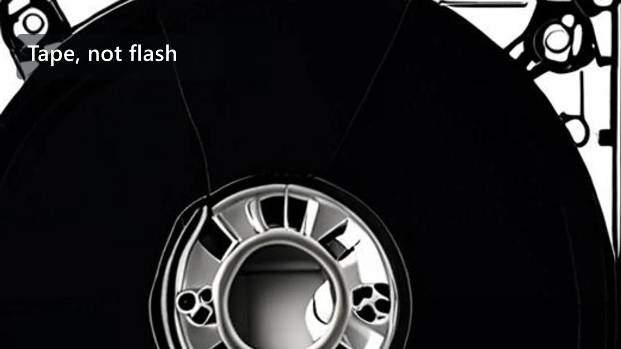 A close-up of a magnetic tape reel hub inside a cartridge housing, lit from above, with a clean overlay reading Tape, not flash.
