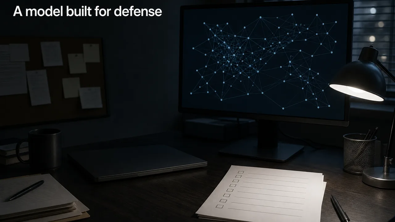 A dim security operations desk with a monitor showing an abstract network graph, a closed laptop and a printed checklist under cold blue light.
