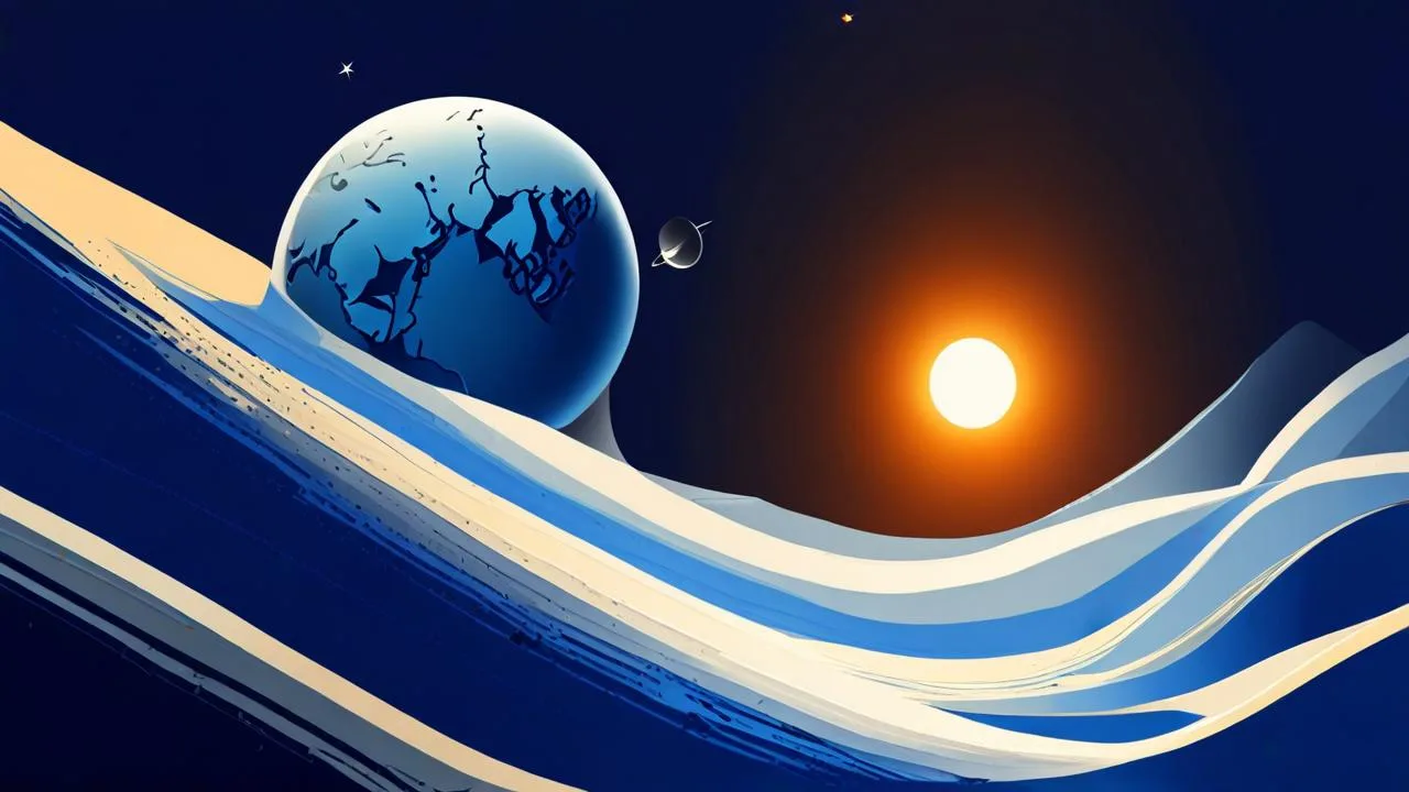 A stylised planet with dark landmasses and a small geometric satellite beside it in deep blue space, with a bright sun and sweeping pale light bands across the lower frame.