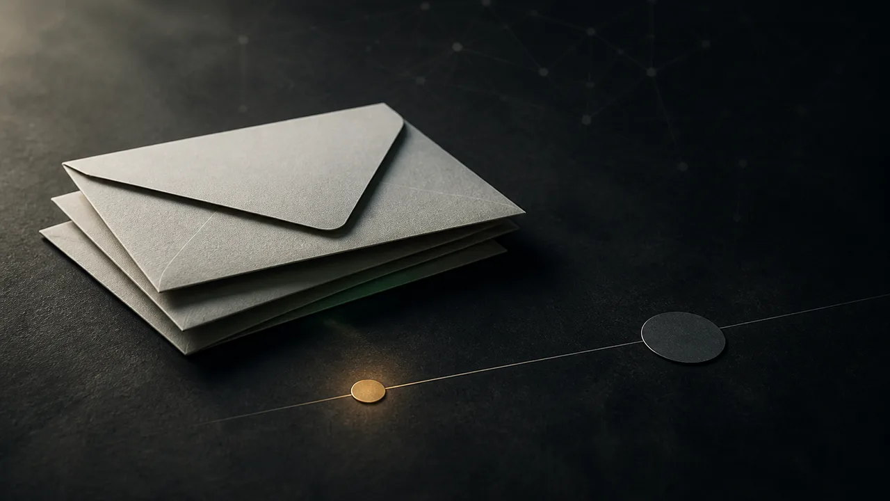 Conceptual illustration of a stack of oversight letters beside two unlabeled dots, one bright and one dim, with a faint constellation pattern in the background.