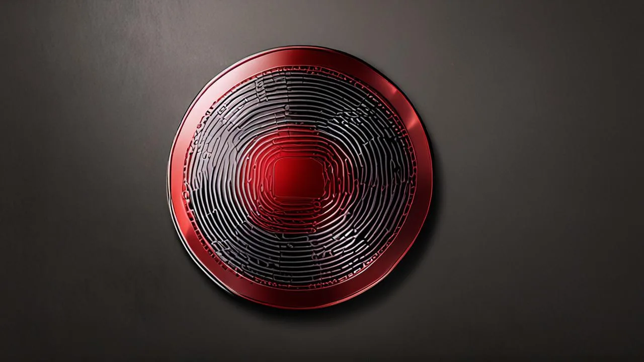 A single round silicon wafer with concentric circuit patterns on a plain dark surface, lit by soft side light with a thin red reflection across the disc.