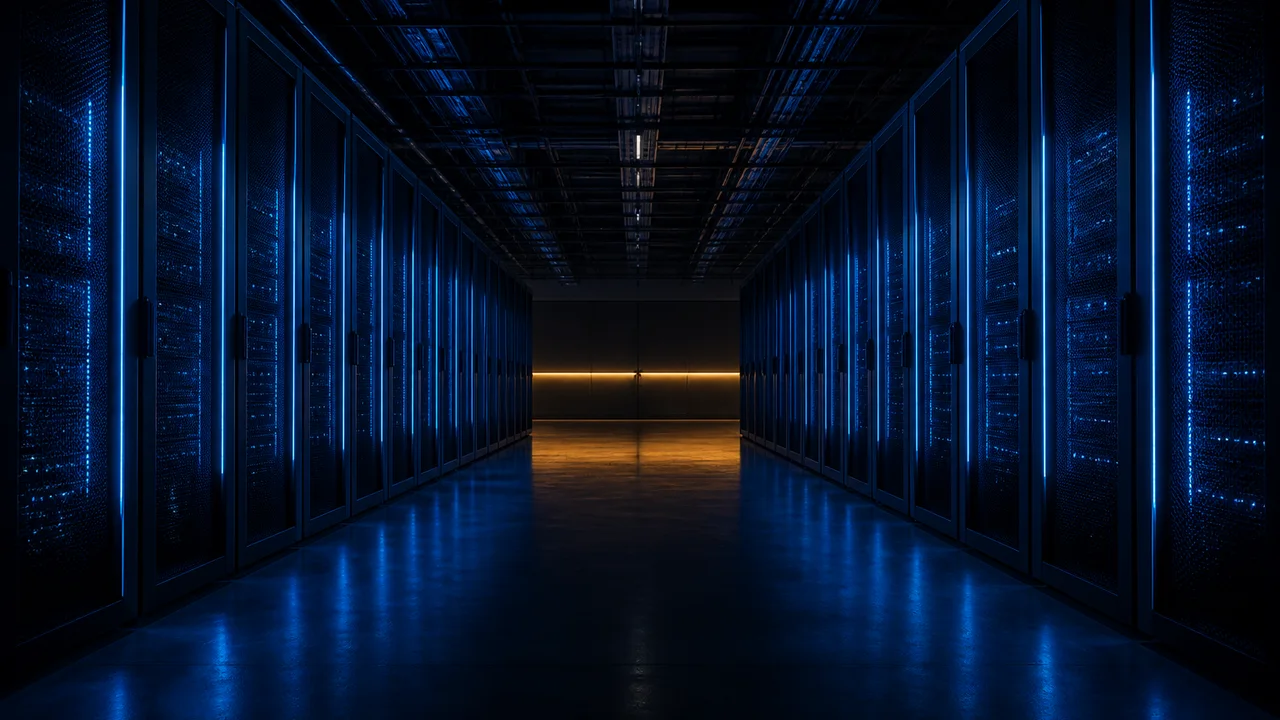 Conceptual illustration of a vast data-centre hall at night with a single aisle of blue-lit server racks and a thin band of amber light along the far wall.