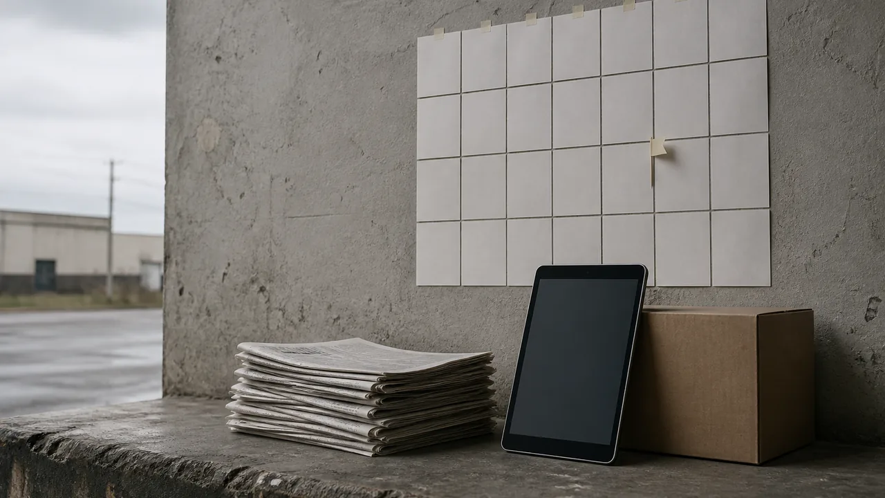 A stack of folded newspapers on a concrete loading dock beside a tablet propped against a plain cardboard box, with a grid of blank calendar squares taped to the wall behind.