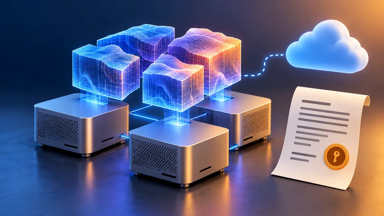A large model is divided across several linked workstation towers, with a separate cloud API route and a license document beside them.