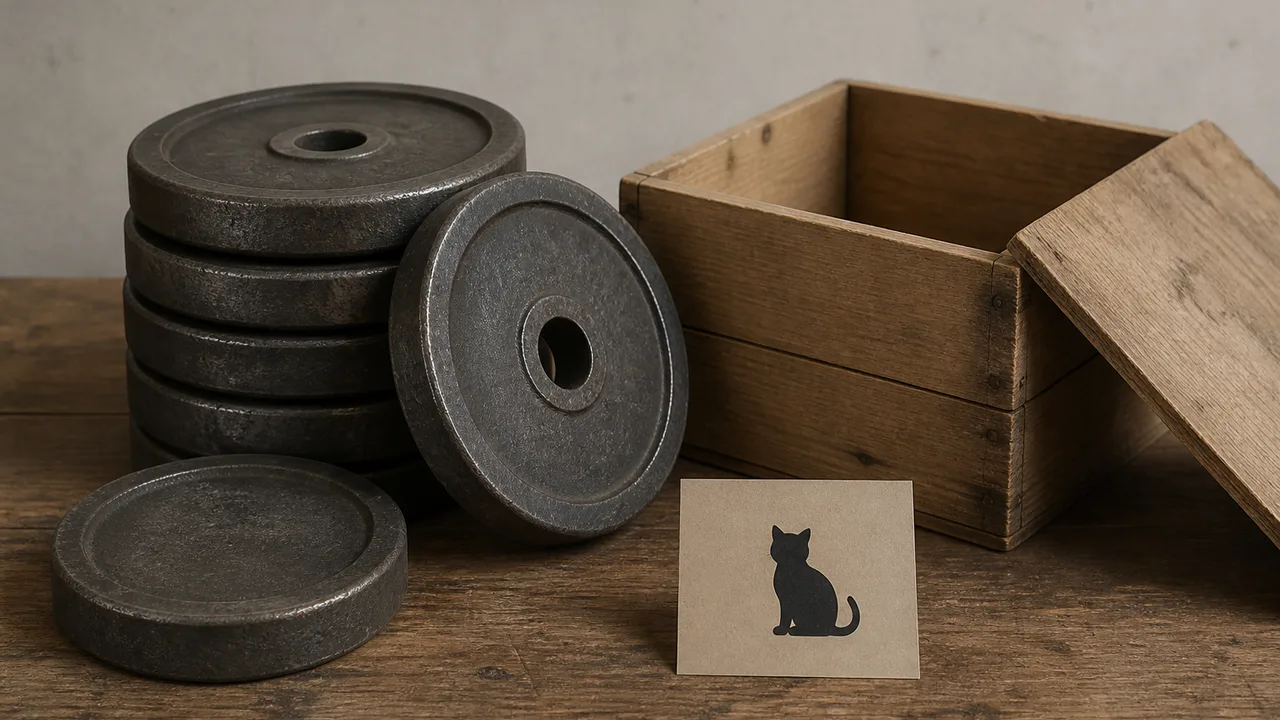 Heavy metal weight plates rest beside an open wooden crate on a plain desk, with a small card showing a simple cat silhouette.