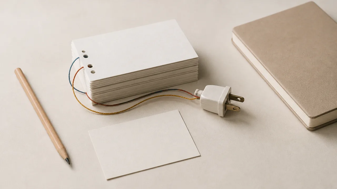 Conceptual still-life illustration of a stack of blank index cards threaded with coloured string, one loose blank card, a pencil, a cloth-bound notebook and a white plug on a beige desk, suggesting one standard interface.