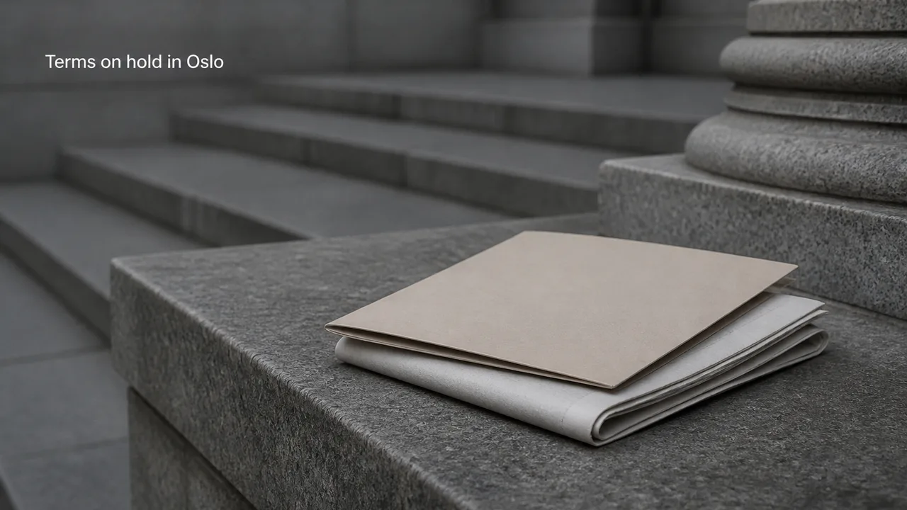 A courthouse stone ledge in flat grey light with a folded newspaper under a plain folder, no people in the frame.