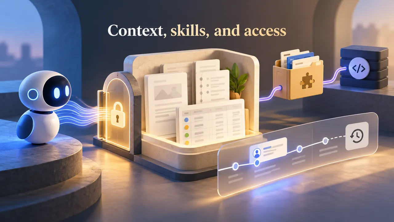 A workspace page connects to an external agent through a permission gate, with a separate skills library and version-history panel.