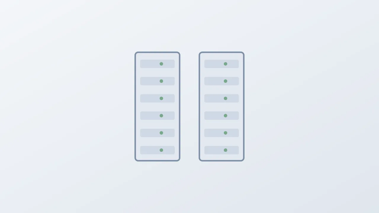 Concept illustration of two server racks with small status lights on a pale background, with no people, no logos and no readable text.