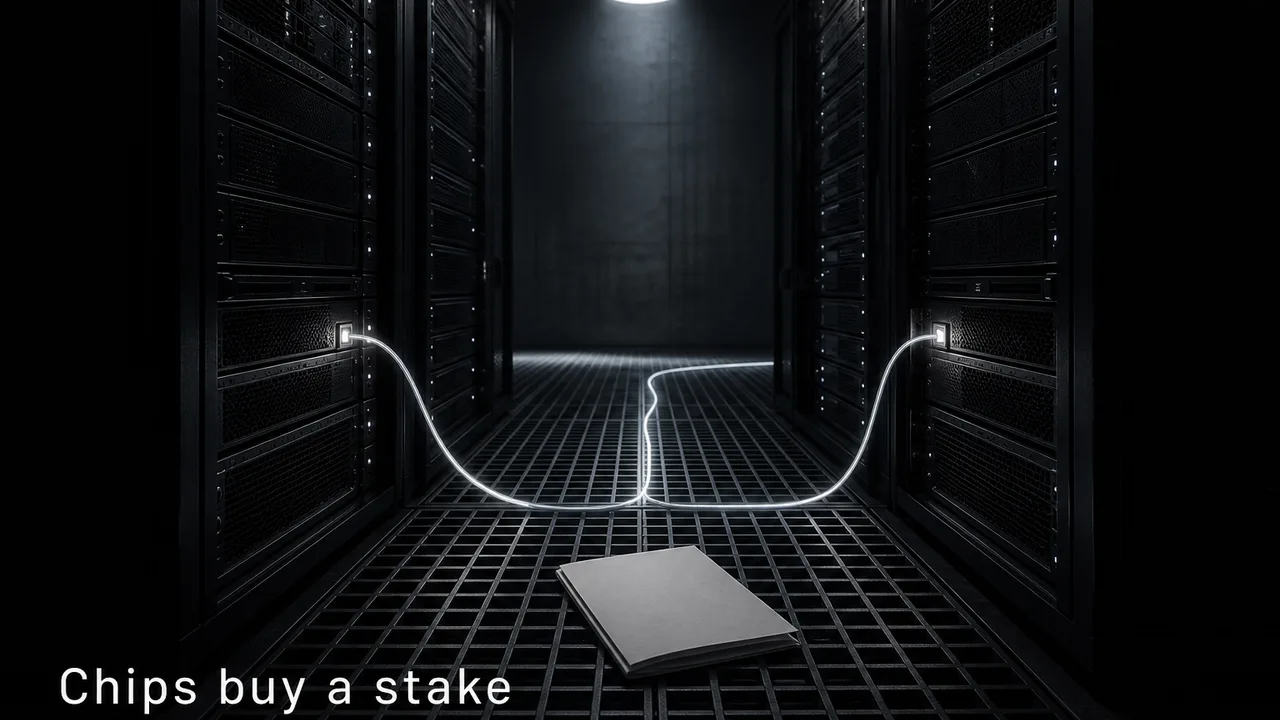 Two tall server racks facing each other across a narrow dim aisle, joined by a single lit cable along the floor, with a folded plain document on the metal grating.