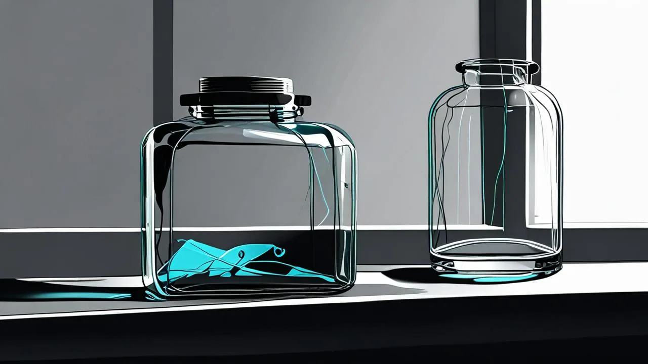Two clear glass jars on a bright ledge; the larger one holds folded teal paper, and the smaller one beside it is empty, with thin light reflections along their rims.
