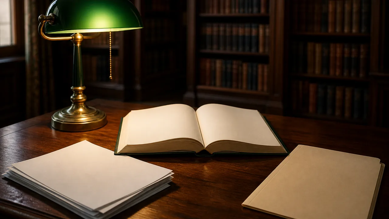 A dark wooden library table under a green glass reading lamp, with an open reference book, a neat stack of printed sheets and a plain manila folder, and blurred bookshelves behind.