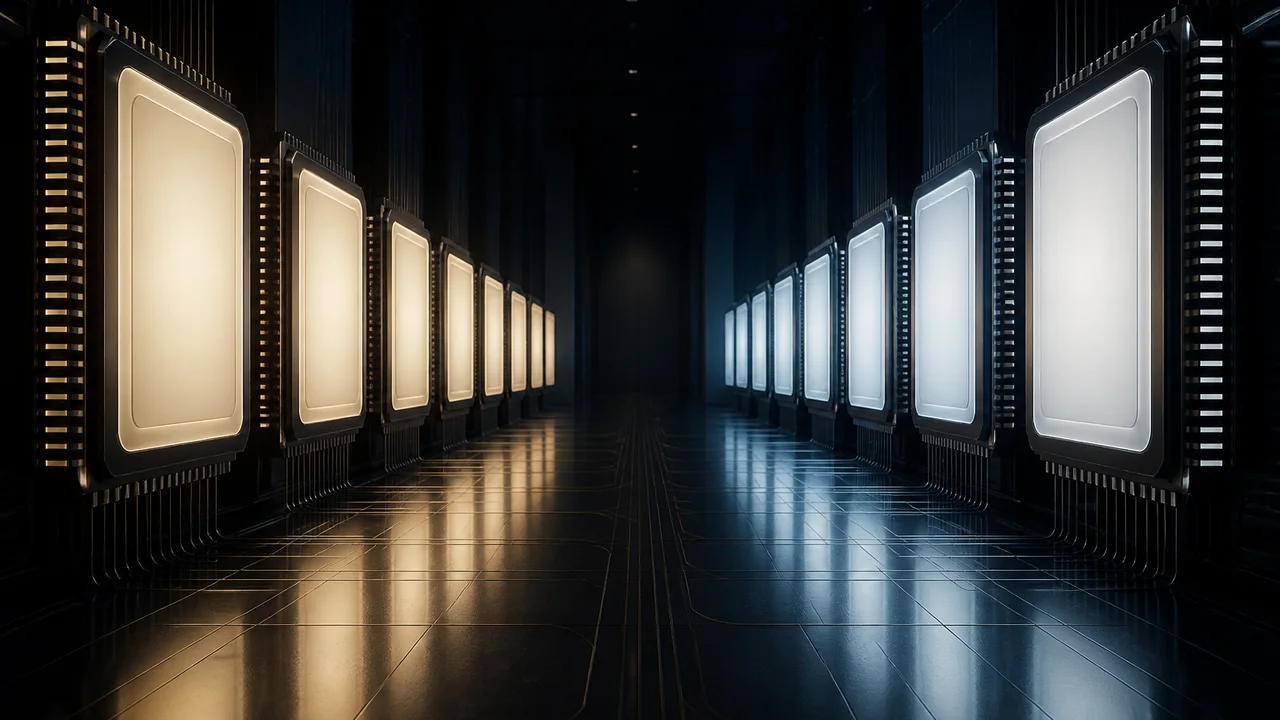 Conceptual illustration of a dim data hall with two rows of abstract chip-shaped light panels facing each other across a narrow aisle.