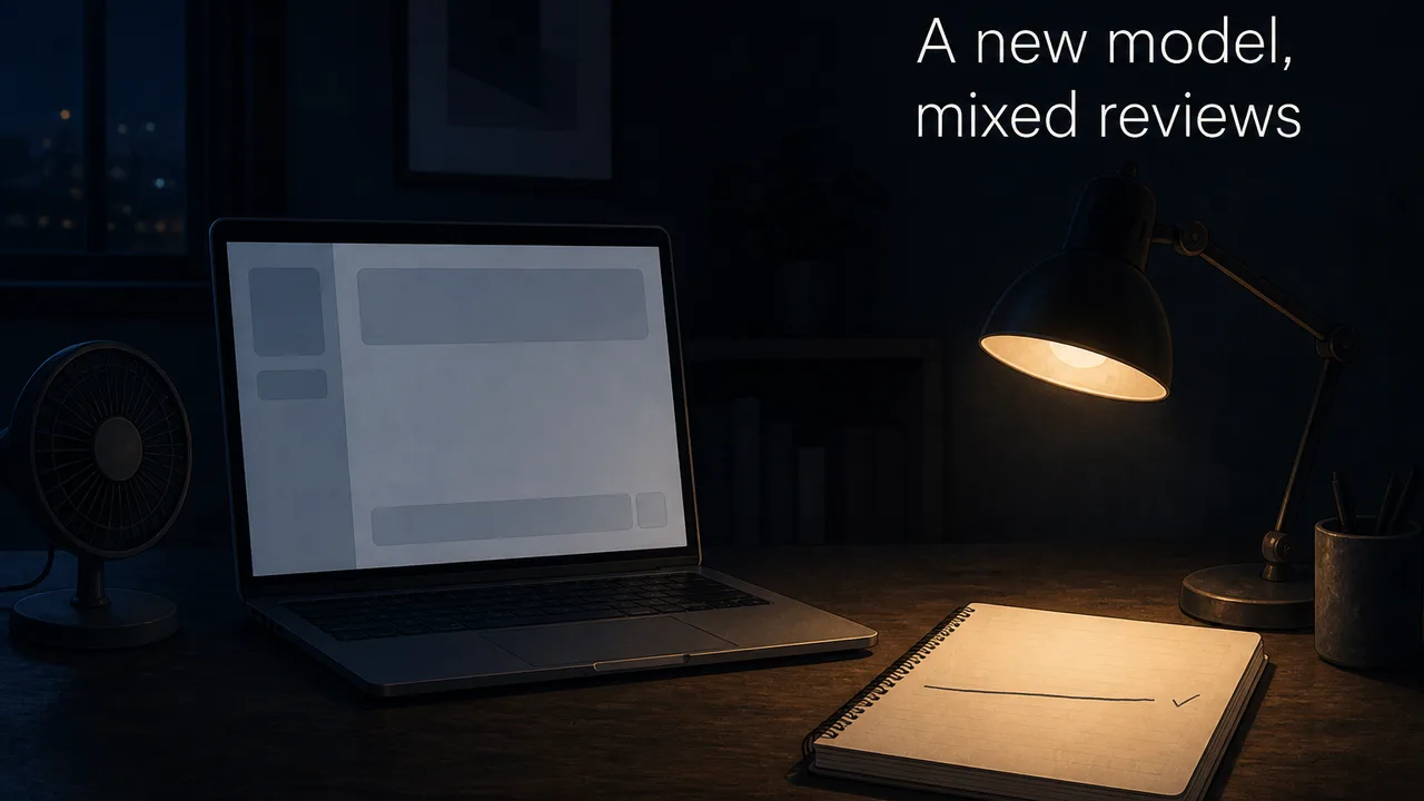 A dim desk at night with a laptop showing an abstract empty chat panel, a small cooling fan, and a paper notebook lit by a warm lamp.