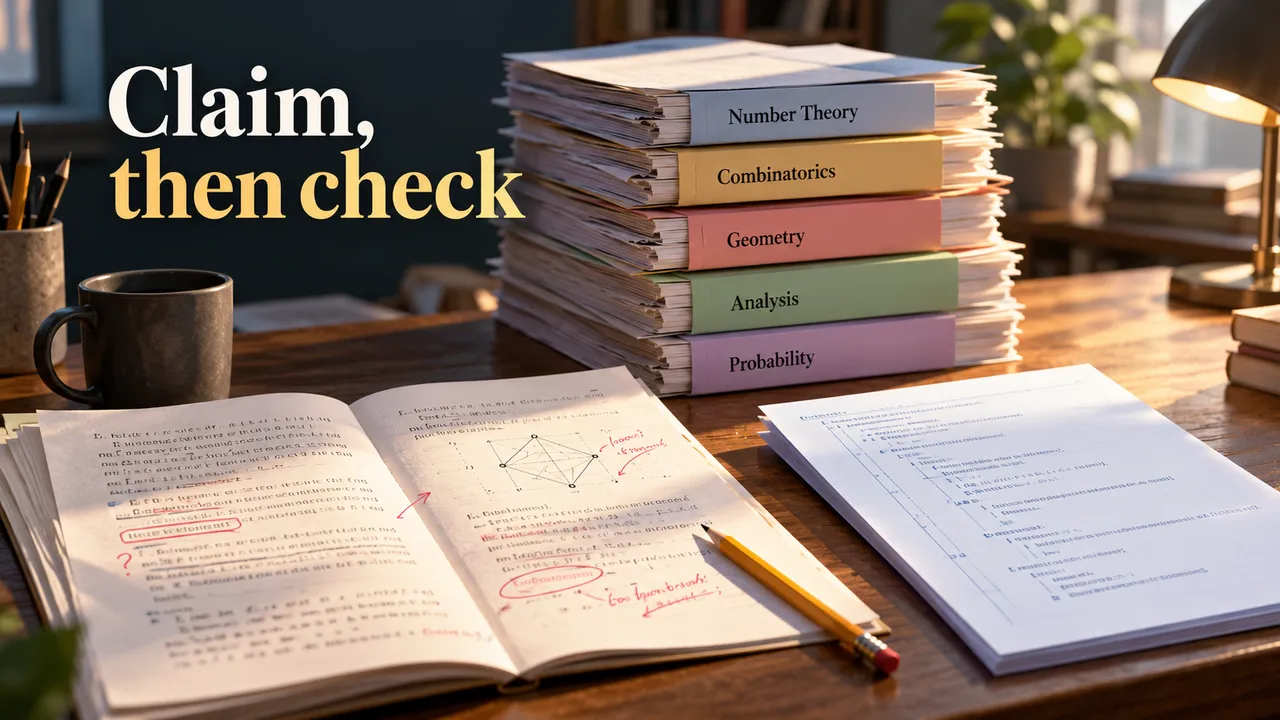 A stack of mathematical manuscripts is organized into result families, with one proof page marked for human review and a separate Lean formalization sheet.