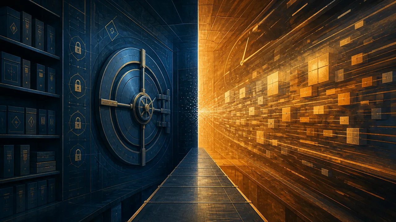 Conceptual illustration of a split office corridor, one side a calm blue privacy vault and the other a fast-moving amber assembly line of code blocks.