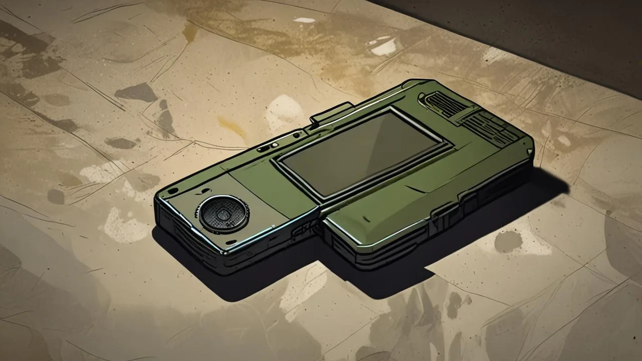 A single rugged handheld device with a blank dark screen lying on a bare concrete floor, lit by one overhead pool of light with a long soft shadow.