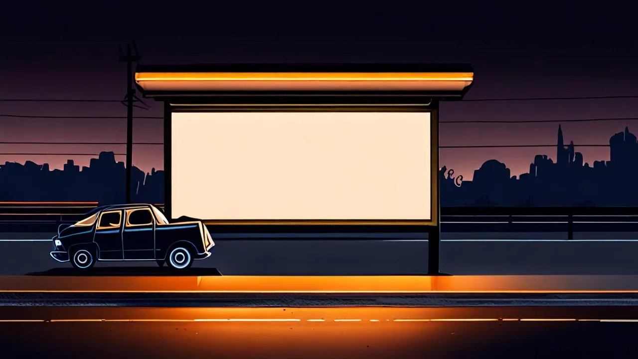 A dim drive-thru lane at night with a blank glowing menu board beside it, a closed compact car waiting at the window and a city skyline behind.